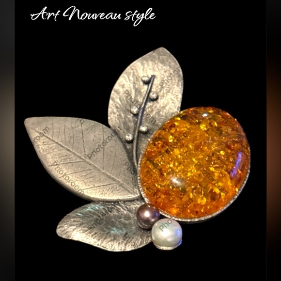 “LAGUNA” signed Silver Leaf Brooch with Honey Amber Stone - Picture 11 of 12